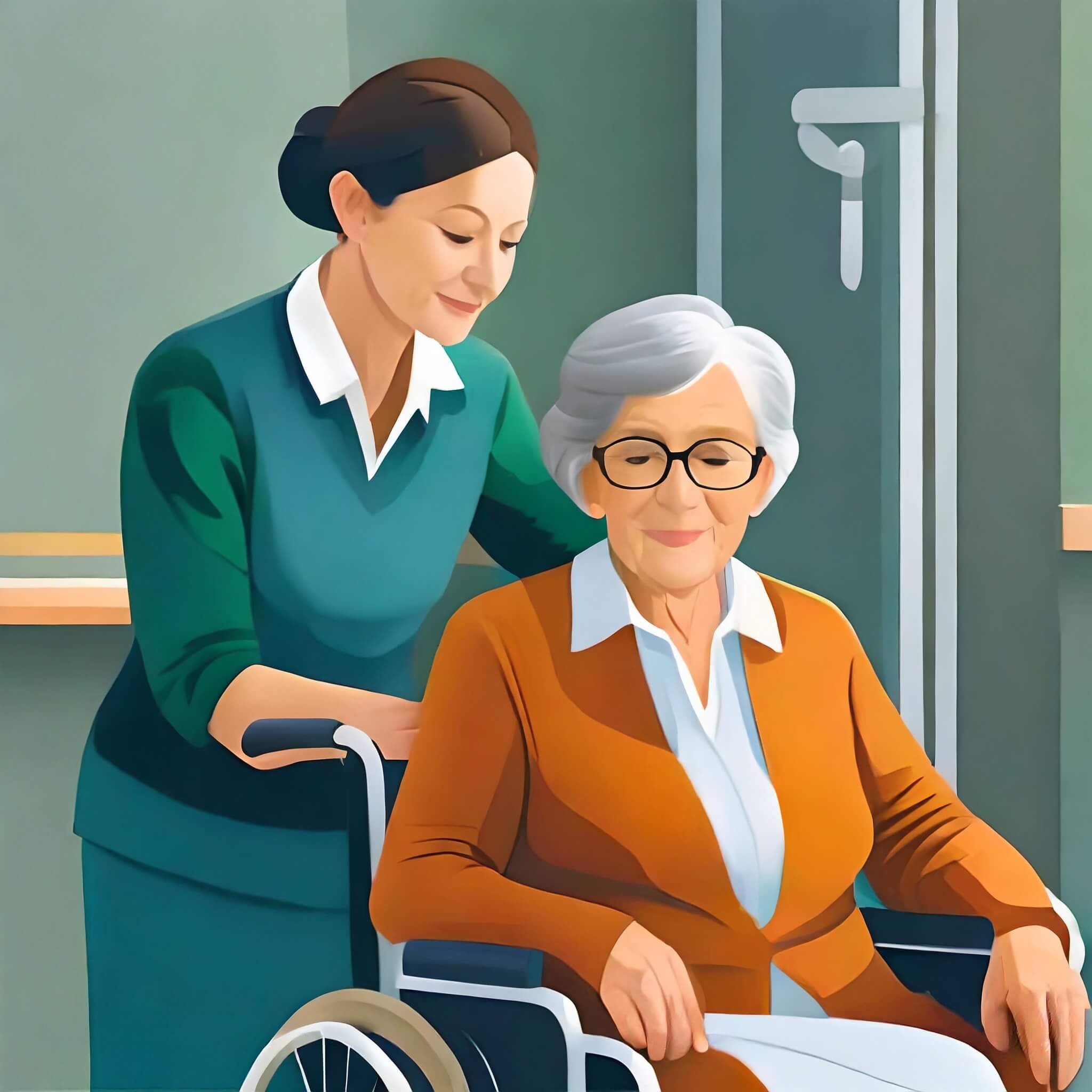Caregiver standing beside an elderly woman in a wheelchair